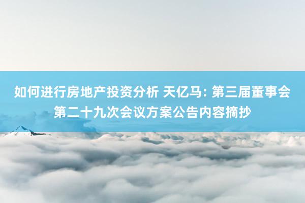 如何进行房地产投资分析 天亿马: 第三届董事会第二十九次会议方案公告内容摘抄